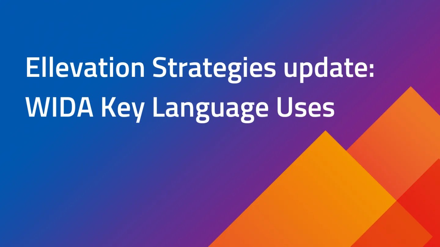 Purple gradient graphic with text Ellevation Strategies update: WIDA Key Language Uses