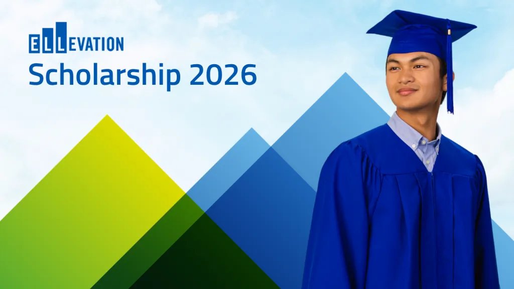 Blue and green background with a young man in blue graduation robes. Text says Scholarship 2026