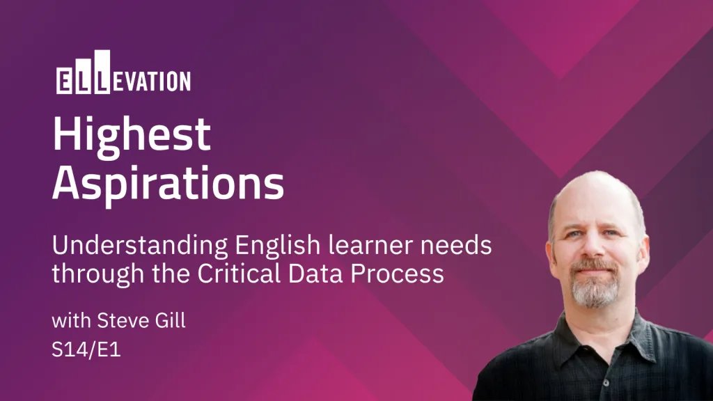 Dark pink gradient background with a photo of a man with a grey beard and mustache in a black shirt. Text says: Highest Aspirations. Understanding English learner needs through the Critical Data Process with Steve Gill