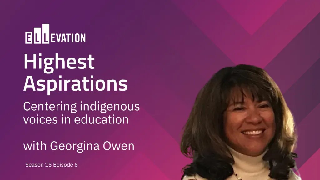 Pink background with image of smiling woman. Text says: Highest Aspirations Centering indigenous voices in education with Georgina Owen
