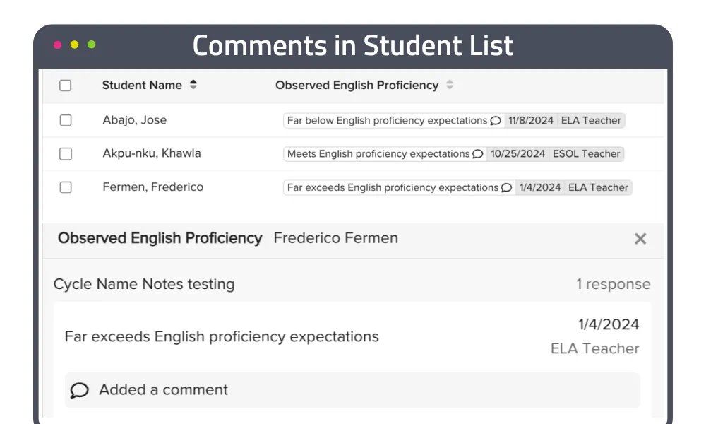 Teacher input and comments in the Student List Platform graphic