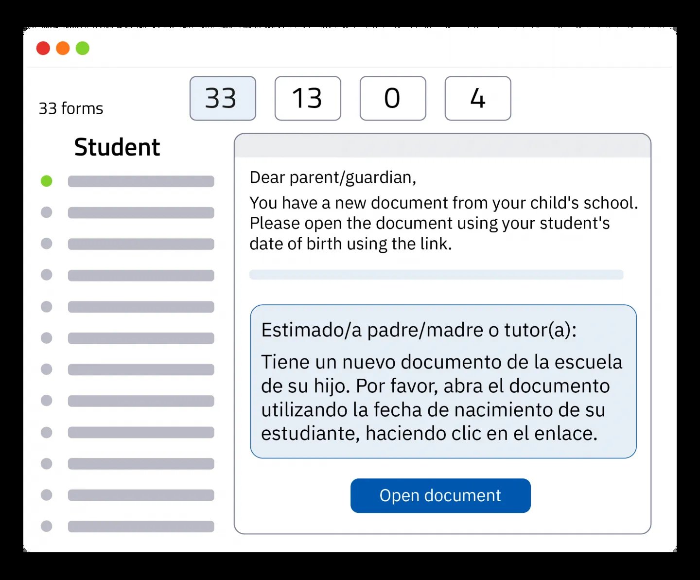 A screenshot showing a list of students and a parent letter translated into Spanish.
